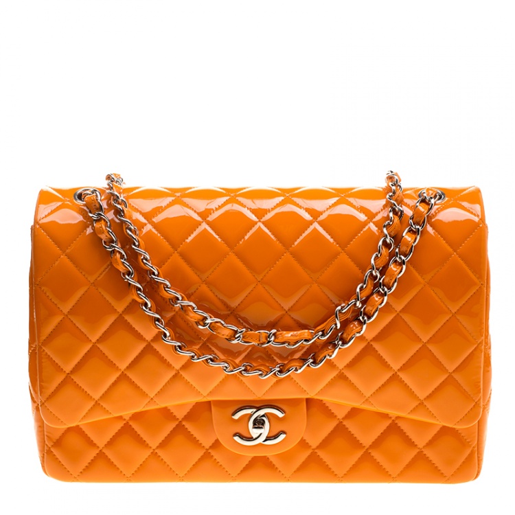 Chanel Orange Quilted Patent Leather Maxi Classic Double Flap Bag