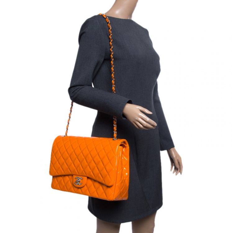 Chanel Orange Quilted Patent Leather Maxi Classic Double Flap Bag Chanel
