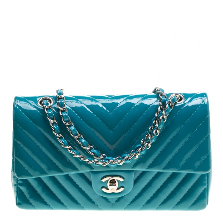 Chanel Turquoise Quilted Patent Leather Small Chevron Classic Double Flap  Bag Chanel | The Luxury Closet
