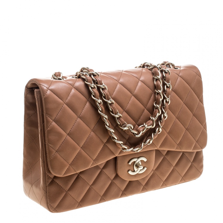 Pre Owned Chanel Beige Quilted Leather Jumbo Classic Single Flap Bag