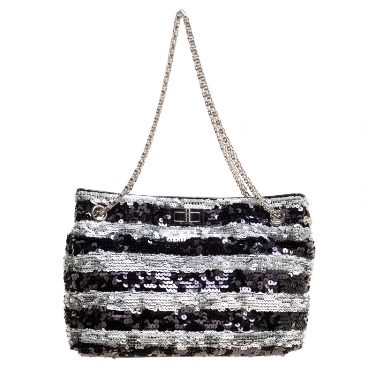 Chanel Black/Grey Striped Sequins Small Reissue Tote Chanel