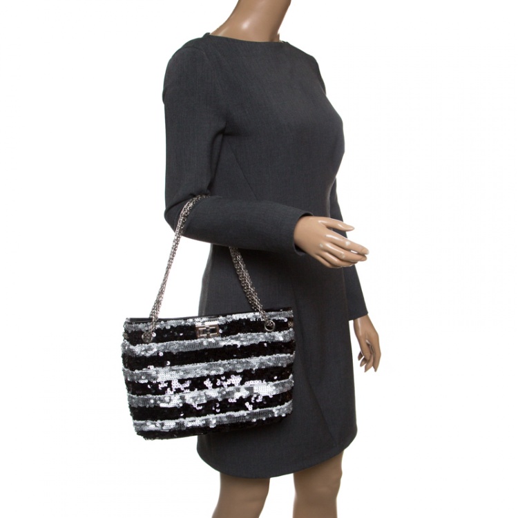 Pre Owned Chanel Black/Grey Striped Sequins Small Reissue Tote