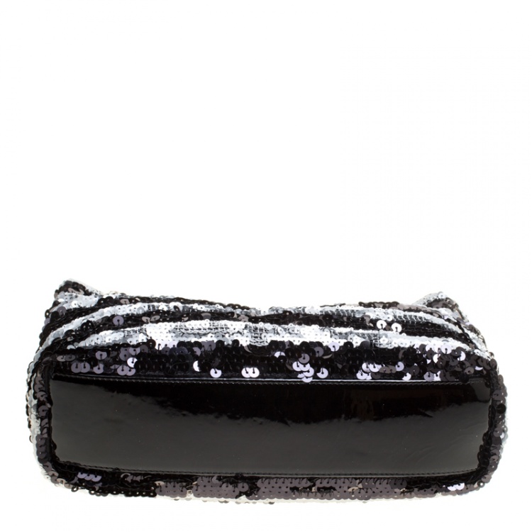 Pre Owned Chanel Black/Grey Striped Sequins Small Reissue Tote