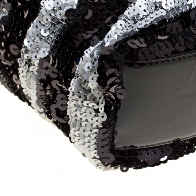 Pre Owned Chanel Black/Grey Striped Sequins Small Reissue Tote