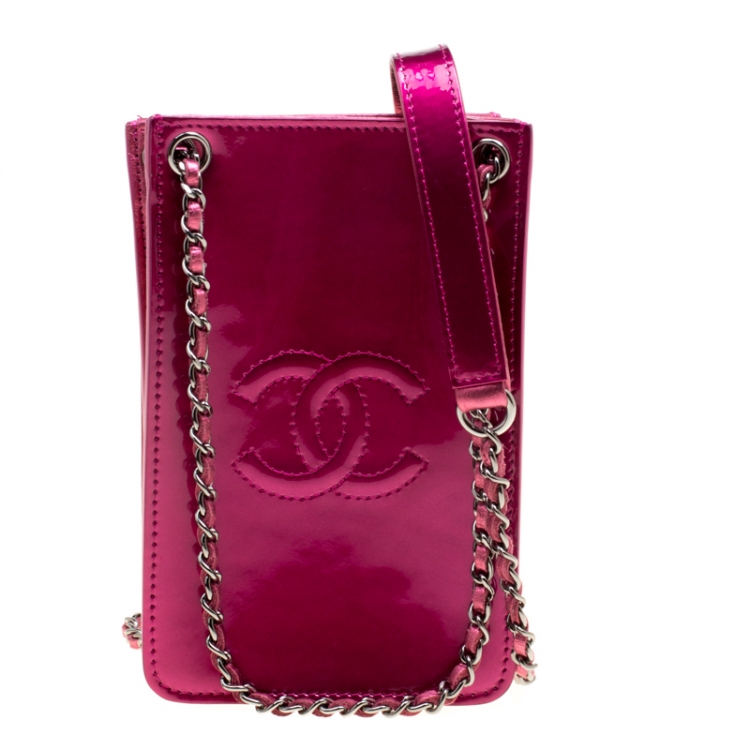 Chanel Fuchsia Pink Patent Leather CC Phone Holder Crossbody Bag Chanel