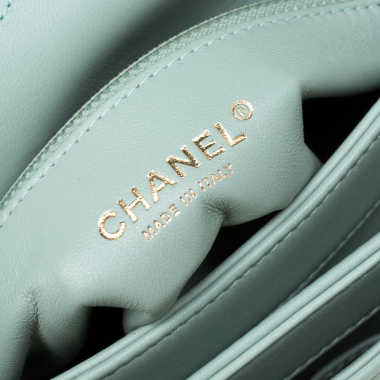 Pre Owned Chanel Mint Green Chevron Quilted Leather Top Handle Bag