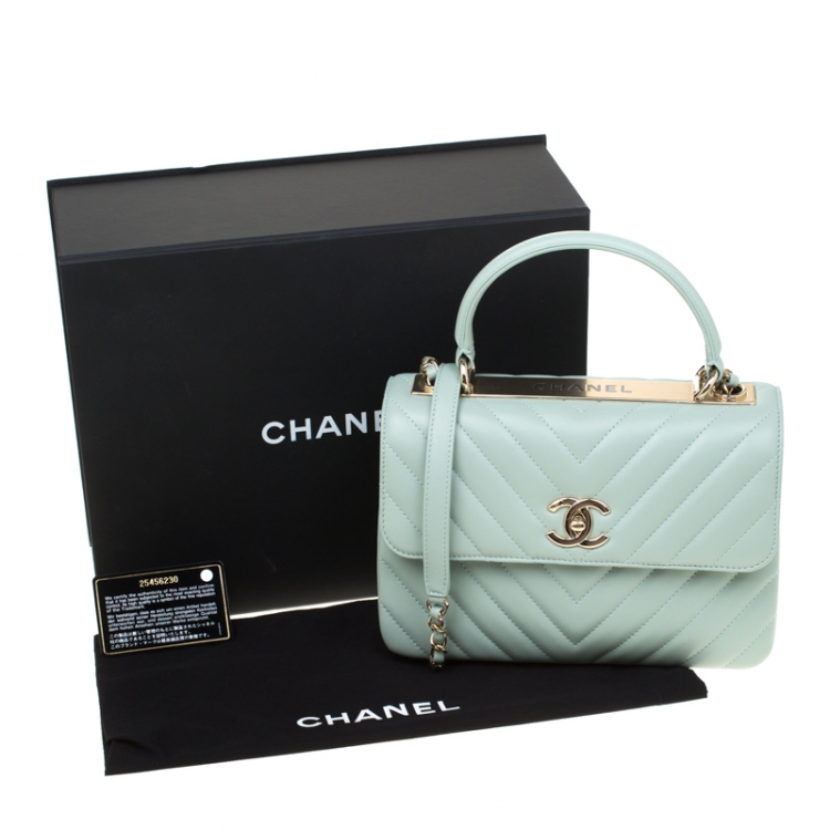 Pre Owned Chanel Mint Green Chevron Quilted Leather Top Handle Bag