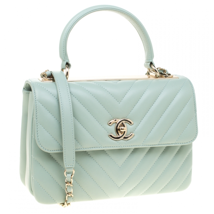 Pre Owned Chanel Mint Green Chevron Quilted Leather Top Handle Bag