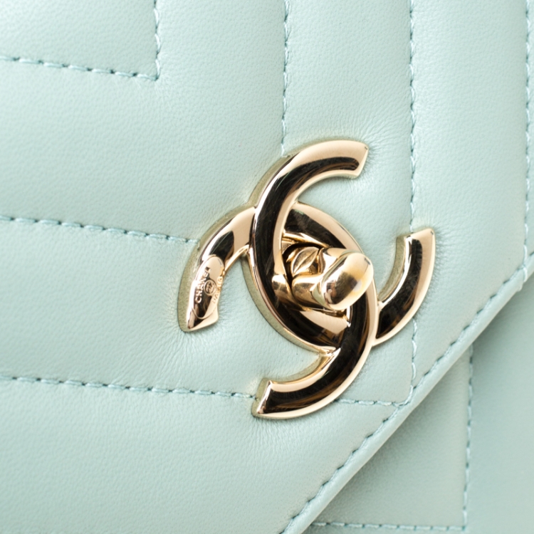 Pre Owned Chanel Mint Green Chevron Quilted Leather Top Handle Bag