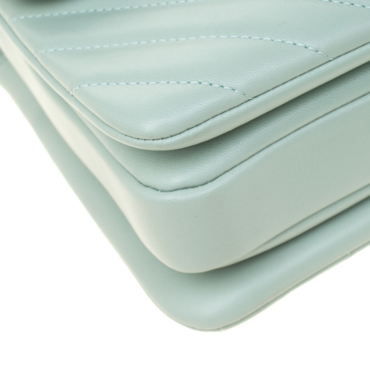 Pre Owned Chanel Mint Green Chevron Quilted Leather Top Handle Bag