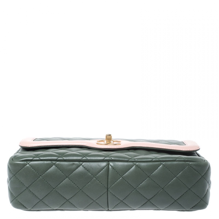 Pre Owned Chanel Green/Pink Quilted Lambskin Leather Medium Single Flap Bag