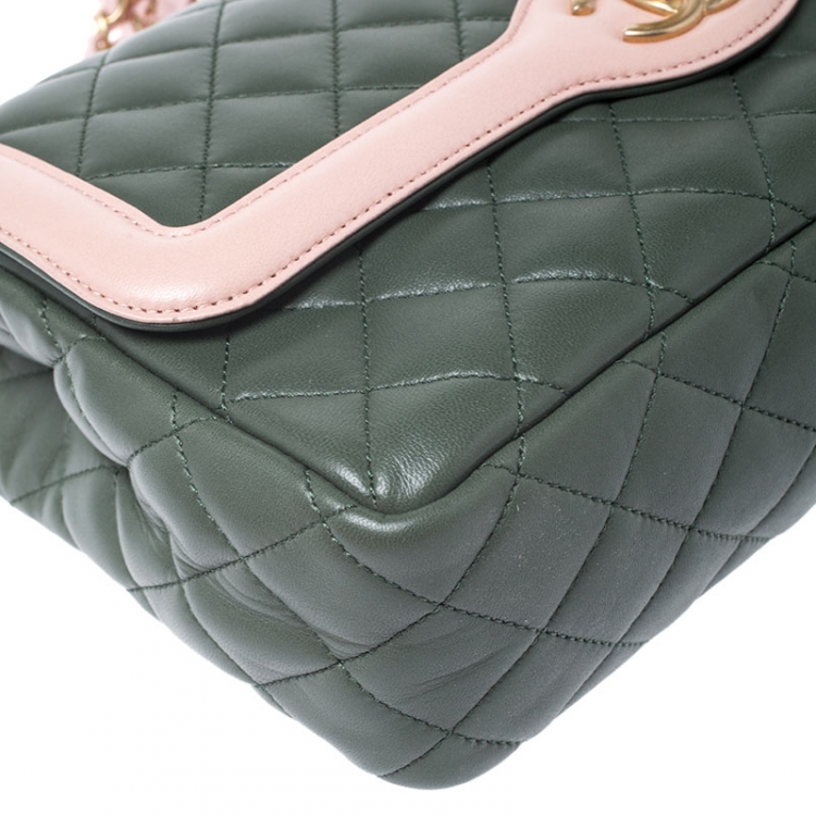 Pre Owned Chanel Green/Pink Quilted Lambskin Leather Medium Single Flap Bag