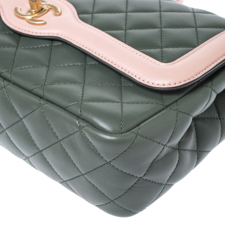 Pre Owned Chanel Green/Pink Quilted Lambskin Leather Medium Single Flap Bag