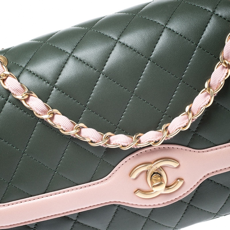 Pre Owned Chanel Green/Pink Quilted Lambskin Leather Medium Single Flap Bag