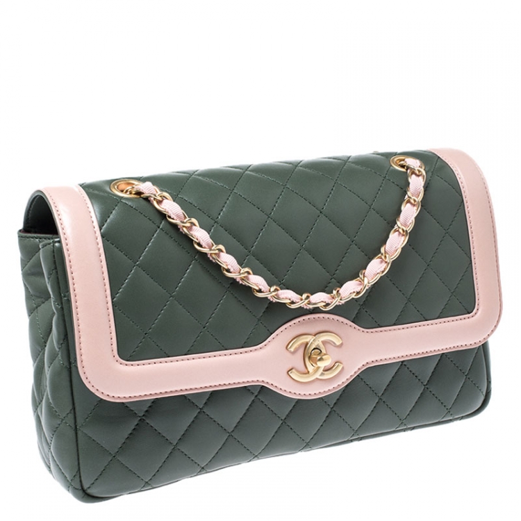 Pre Owned Chanel Green/Pink Quilted Lambskin Leather Medium Single Flap Bag