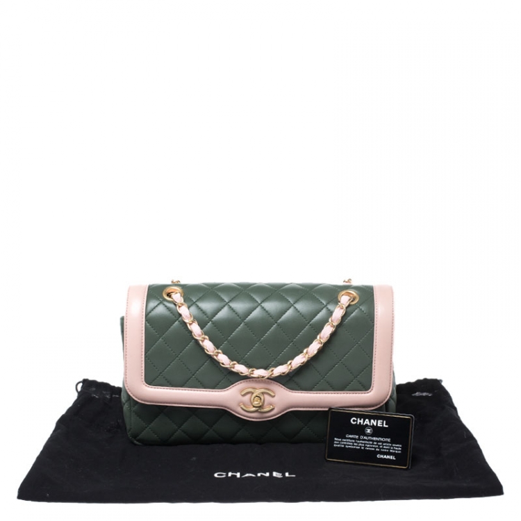 Pre Owned Chanel Green/Pink Quilted Lambskin Leather Medium Single Flap Bag