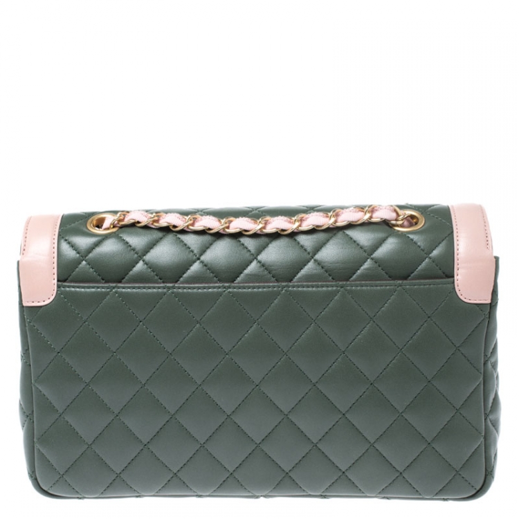 Pre Owned Chanel Green/Pink Quilted Lambskin Leather Medium Single Flap Bag