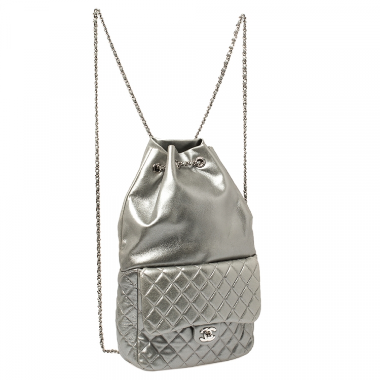 Pre Owned Chanel Silver Quilted Leather Large Seoul Backpack