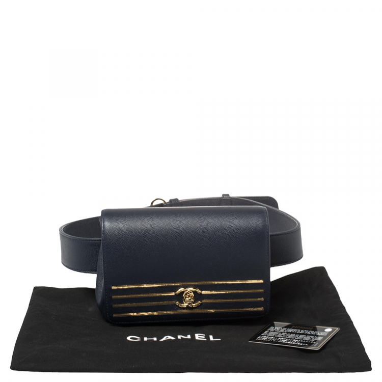 Pre Owned Chanel Navy Blue Caviar Leather Captain Gold Waist Bag