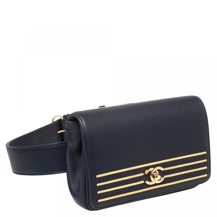 Pre Owned Chanel Navy Blue Caviar Leather Captain Gold Waist Bag