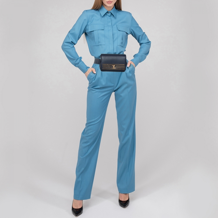 Pre Owned Chanel Navy Blue Caviar Leather Captain Gold Waist Bag