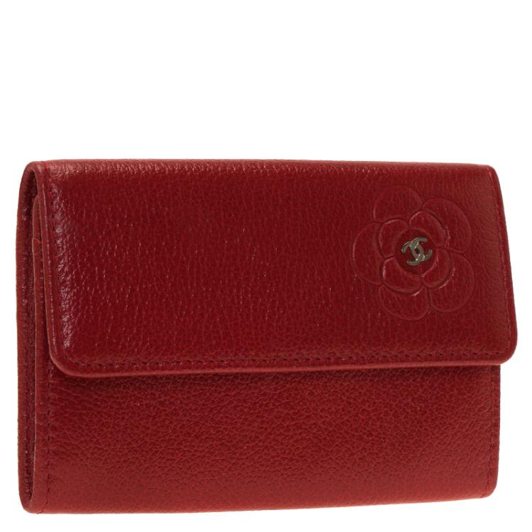 Pre Owned Chanel Red Camellia Embossed Leather Coin Purse