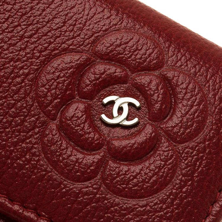 Pre Owned Chanel Red Camellia Embossed Leather Coin Purse