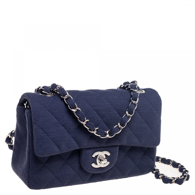 Pre Owned Chanel Navy Blue Quilted Jersey New Mini Classic Single Flap Bag