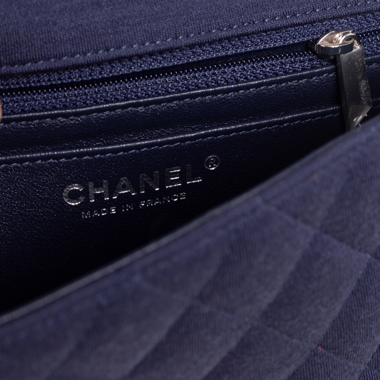 Pre Owned Chanel Navy Blue Quilted Jersey New Mini Classic Single Flap Bag