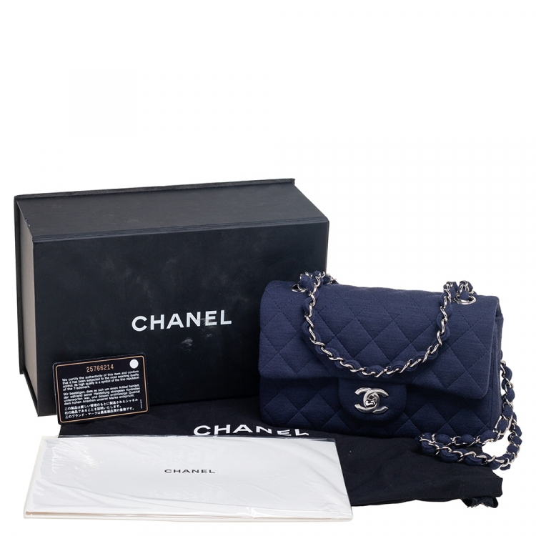 Pre Owned Chanel Navy Blue Quilted Jersey New Mini Classic Single Flap Bag