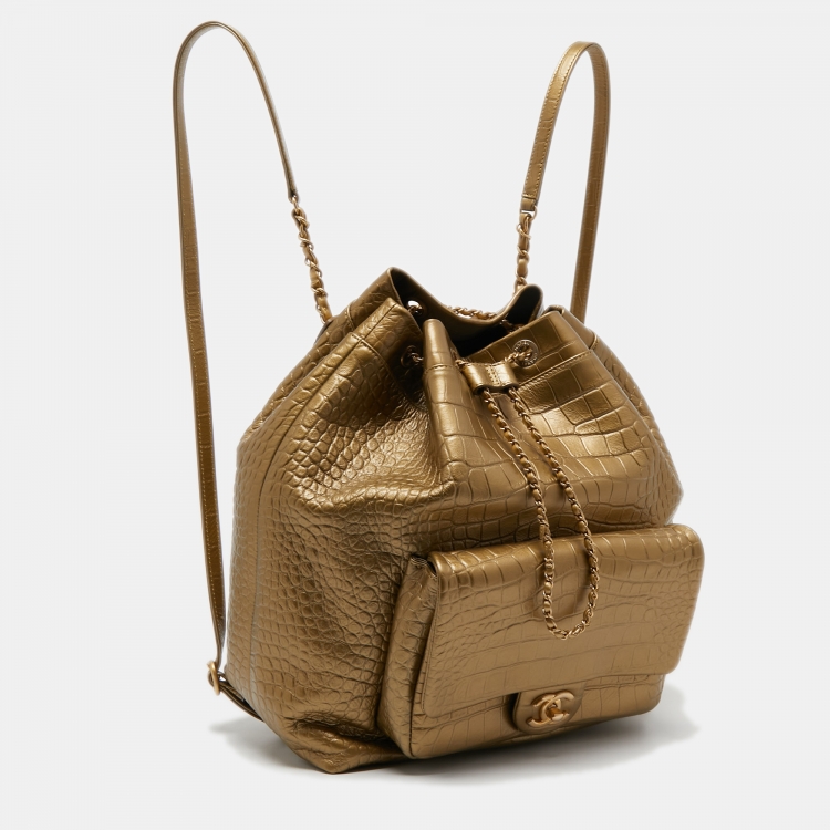 Pre Owned Chanel Gold Croc Embossed Leather Drawstring Backpack