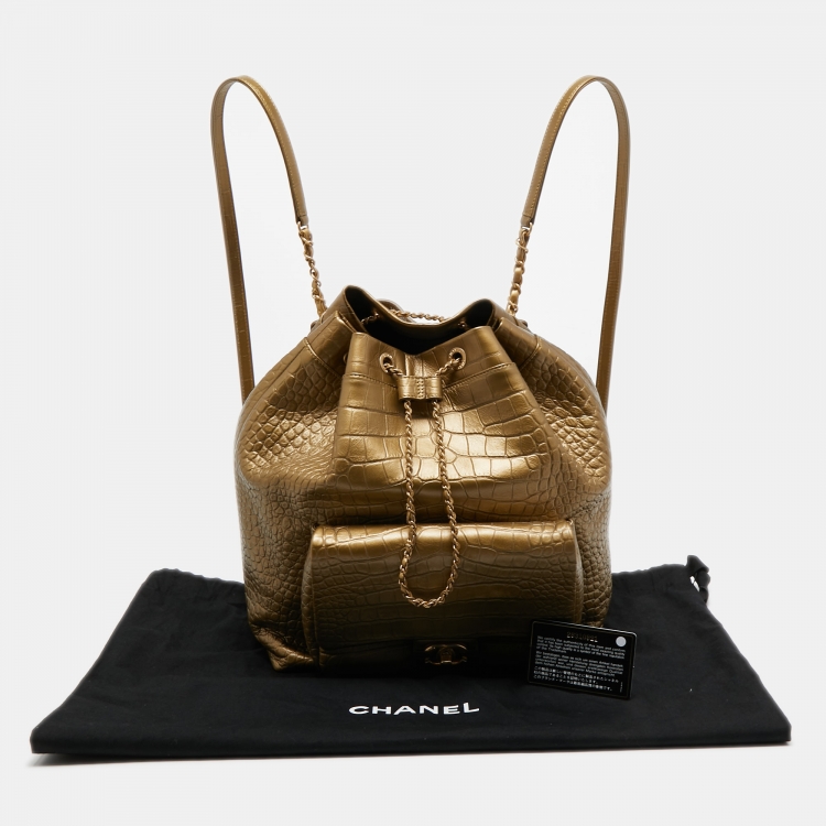 Pre Owned Chanel Gold Croc Embossed Leather Drawstring Backpack