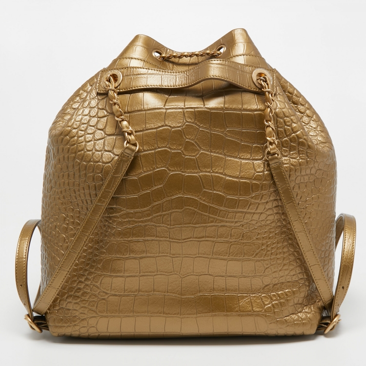 Pre Owned Chanel Gold Croc Embossed Leather Drawstring Backpack