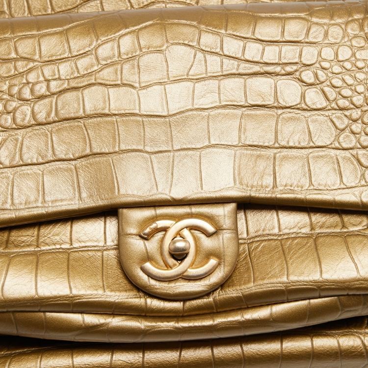 Pre Owned Chanel Gold Croc Embossed Leather Drawstring Backpack