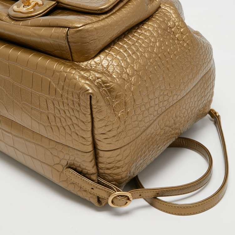 Pre Owned Chanel Gold Croc Embossed Leather Drawstring Backpack
