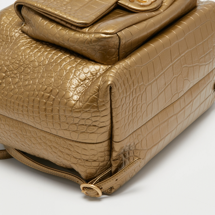 Pre Owned Chanel Gold Croc Embossed Leather Drawstring Backpack