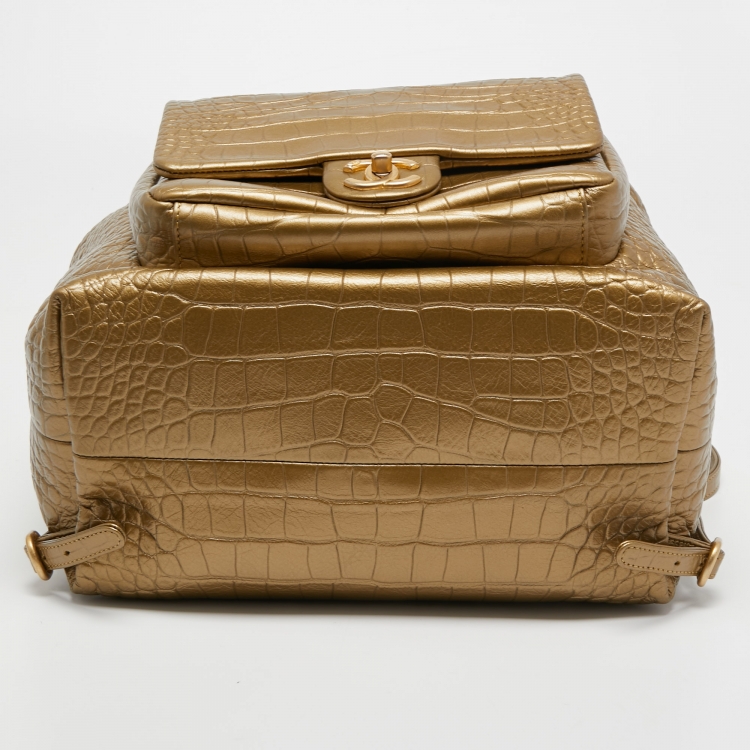 Pre Owned Chanel Gold Croc Embossed Leather Drawstring Backpack