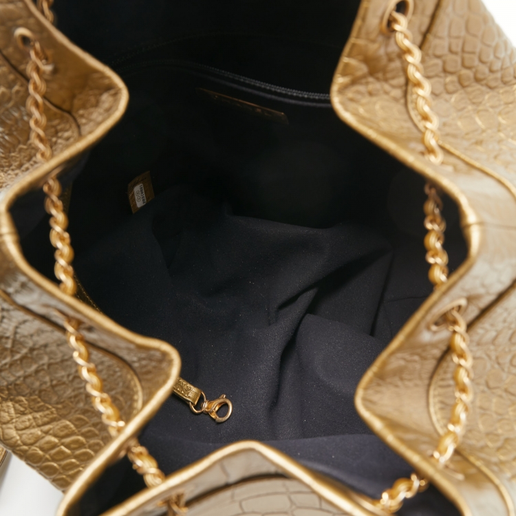 Pre Owned Chanel Gold Croc Embossed Leather Drawstring Backpack