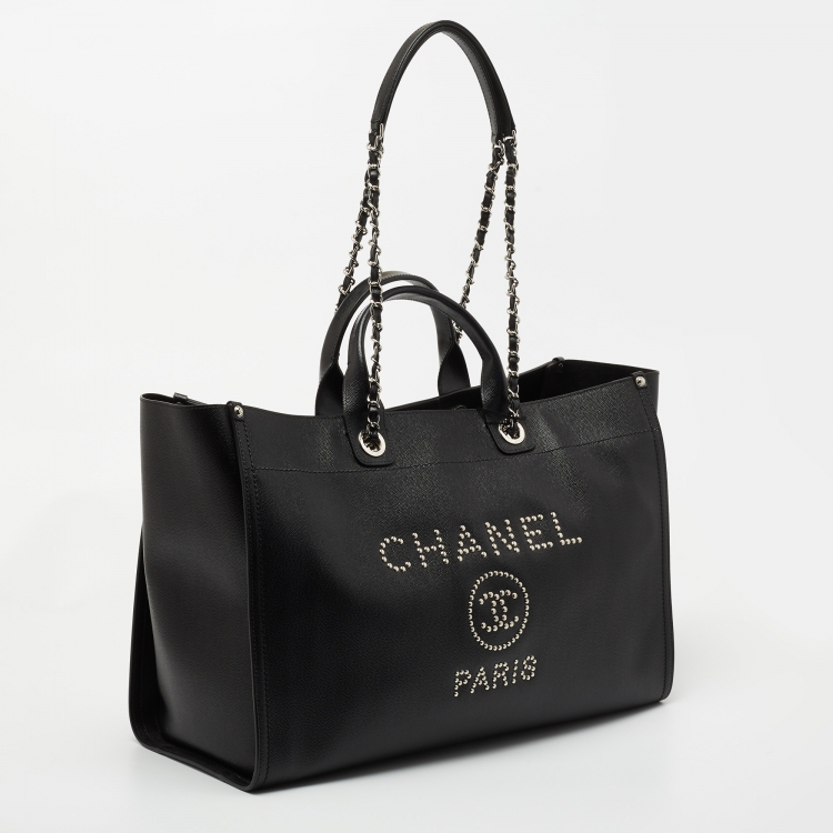 Pre Owned Chanel Black Caviar Studded Leather Large Deauville Shopping Tote