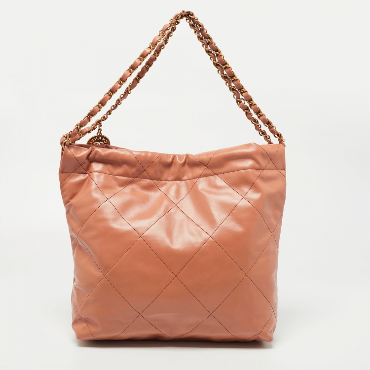Pre Owned Chanel Brown Quilted Glossy Leather Drawstring 22 Hobo