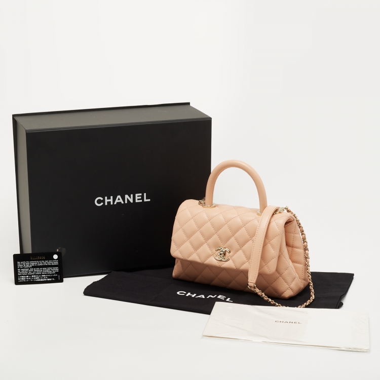 Pre Owned Chanel Peach Quilted Caviar Leather Small Coco Top Handle Bag