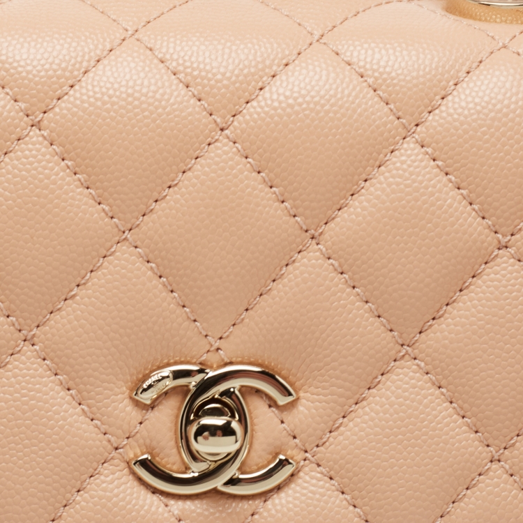 Pre Owned Chanel Peach Quilted Caviar Leather Small Coco Top Handle Bag