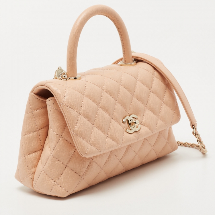 Pre Owned Chanel Peach Quilted Caviar Leather Small Coco Top Handle Bag