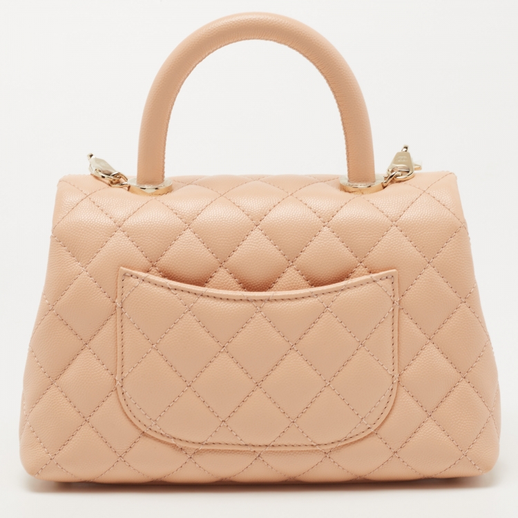 Pre Owned Chanel Peach Quilted Caviar Leather Small Coco Top Handle Bag