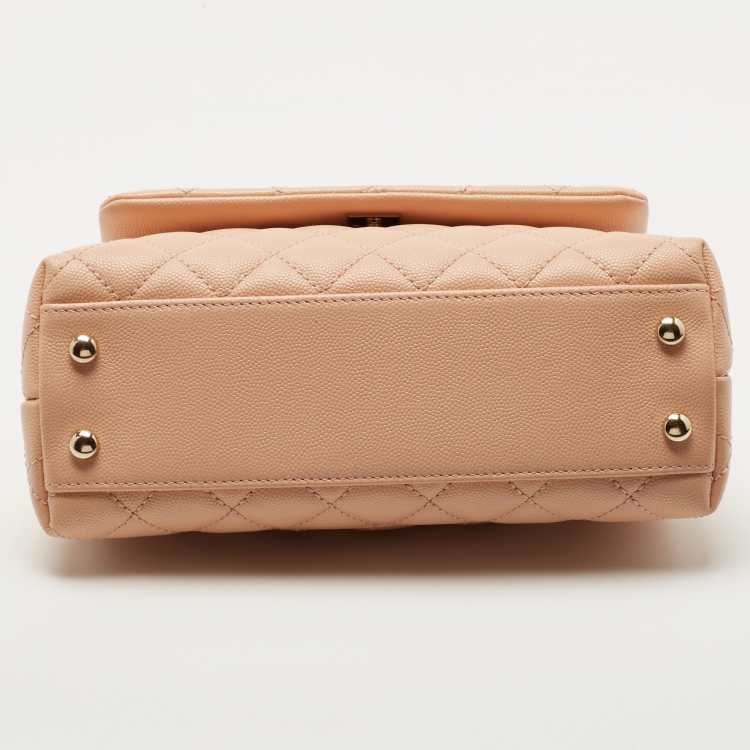 Pre Owned Chanel Peach Quilted Caviar Leather Small Coco Top Handle Bag