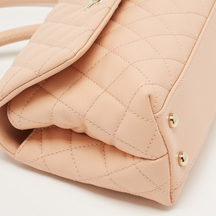 Pre Owned Chanel Peach Quilted Caviar Leather Small Coco Top Handle Bag
