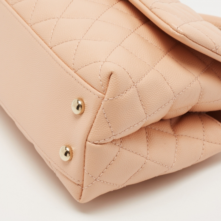 Pre Owned Chanel Peach Quilted Caviar Leather Small Coco Top Handle Bag