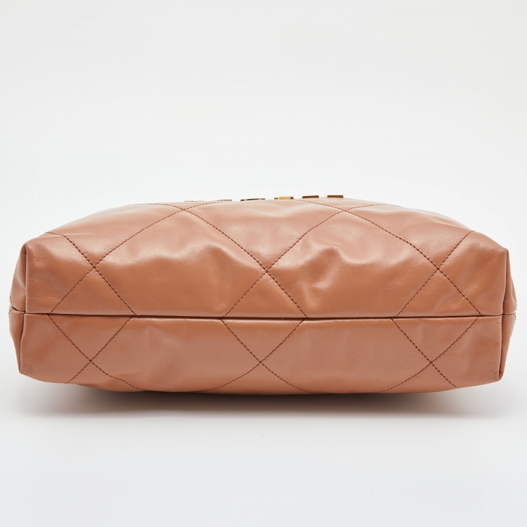 Pre Owned Chanel Tan Quilted Glossy Leather Drawstring 22 Bag