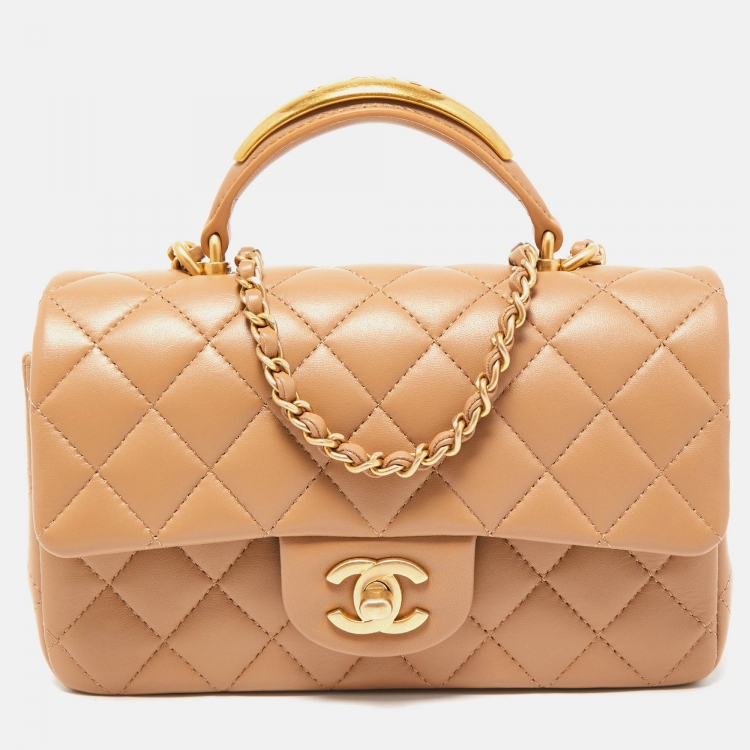 Chanel Light Brown Quilted Leather Mini Classic Top Handle Bag