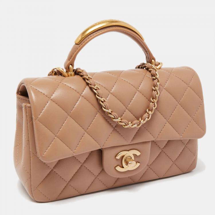 Pre Owned Chanel Caramel Quilted Leather Mini Classic Top Handle Bag